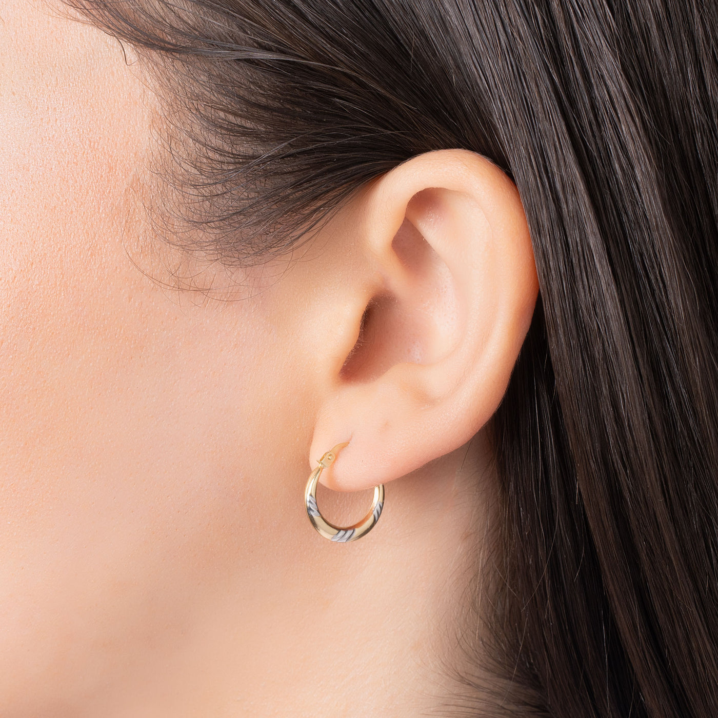 10K Gold Two Tone Lined Diamond Cut Hoop Earrings