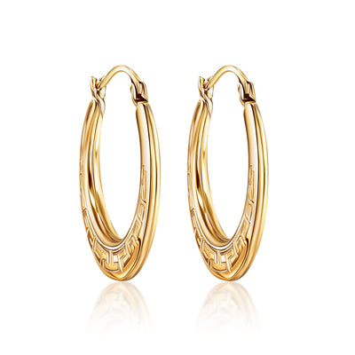 10K Gold Round Greek Key Design Hoop Earrings