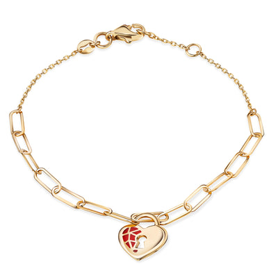 14K Gold Ruby Lock Heart Bracelet Necklace Set