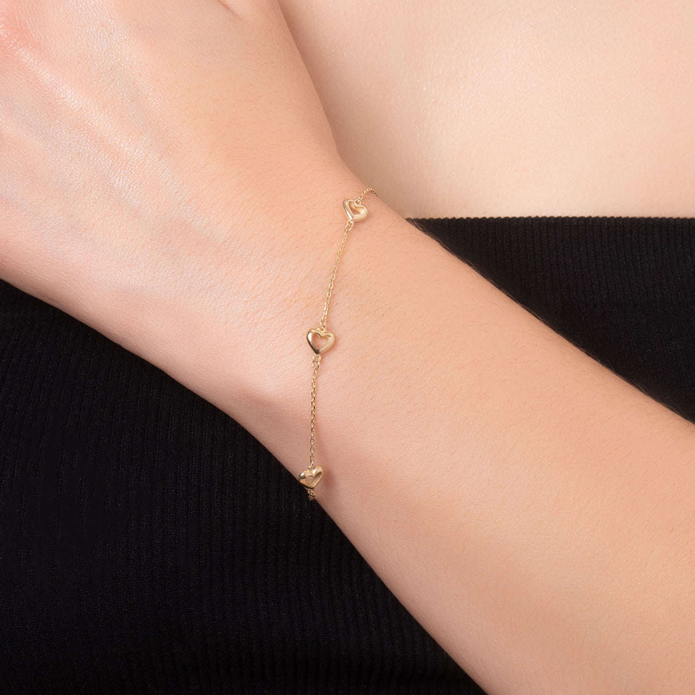 14K Solid Gold Alternating Heart Chain Bracelet Necklace Set
