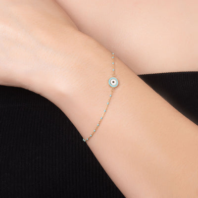 14K Solid Gold And Turquoise Chain Alternating Evil Eye Bracelet Necklace Set