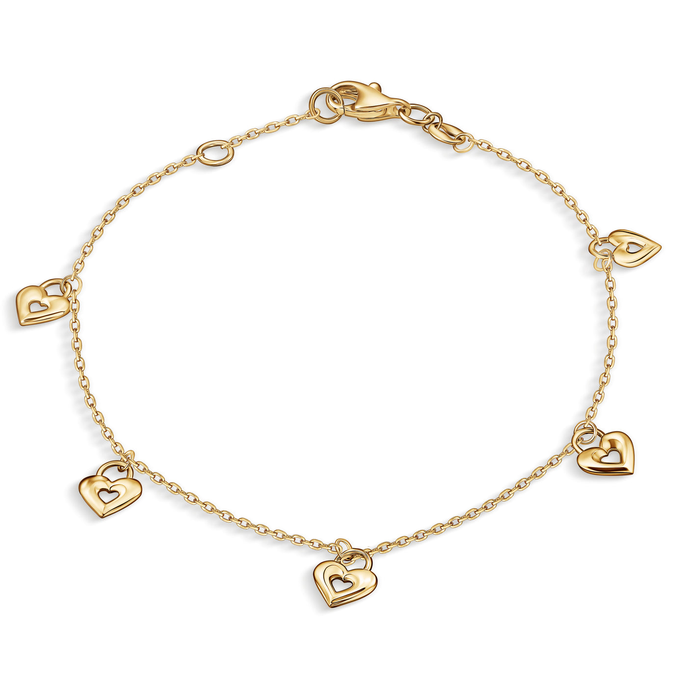 14K Solid Gold Dangling Hearts Bracelet Necklace Set