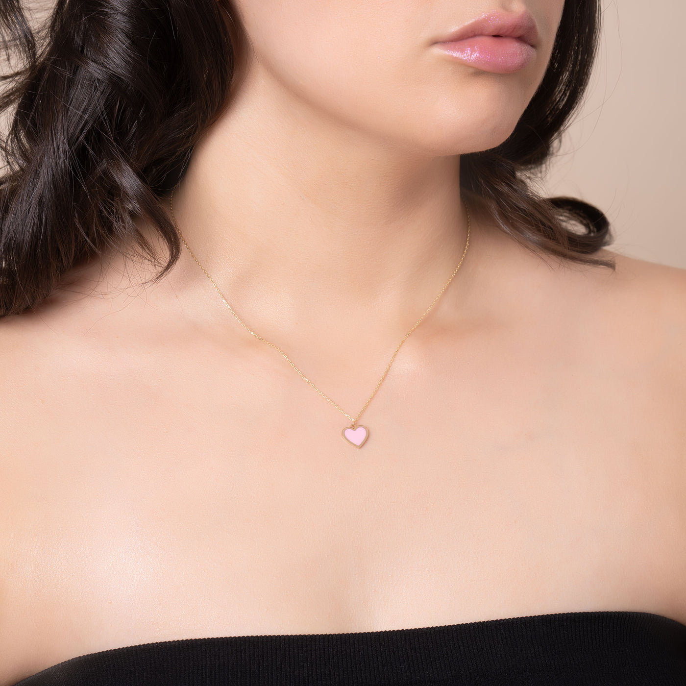 14K Gold Enamel Pink  Heart Necklace