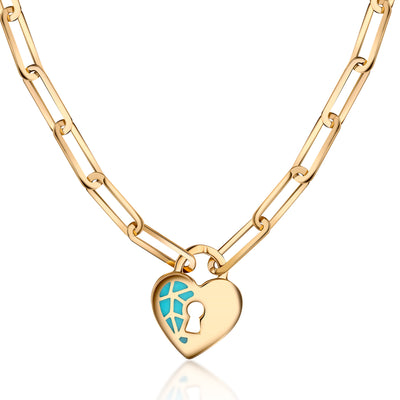 14K Gold Turquoise Heart Lock Bracelet Necklace Set