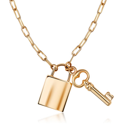 14K Solid Gold Paperclip Lock And Key Bracelet Necklace Set