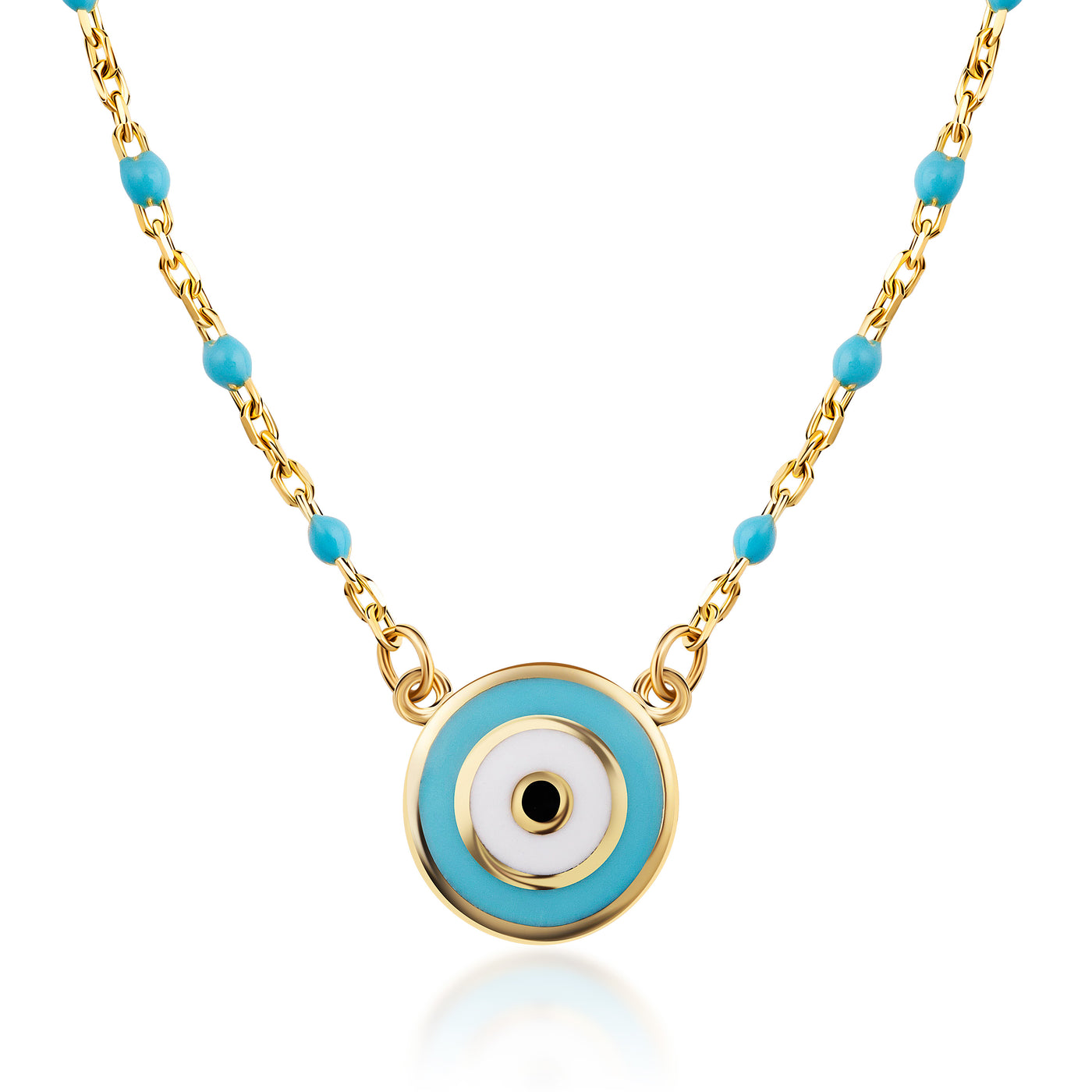 14K Solid Gold And Turquoise Chain Alternating Evil Eye Necklace
