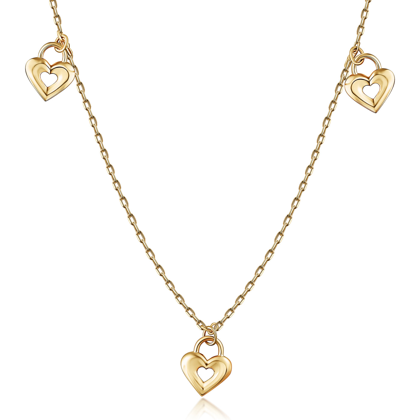 14K Solid Gold Dangling Hearts Bracelet Necklace Set