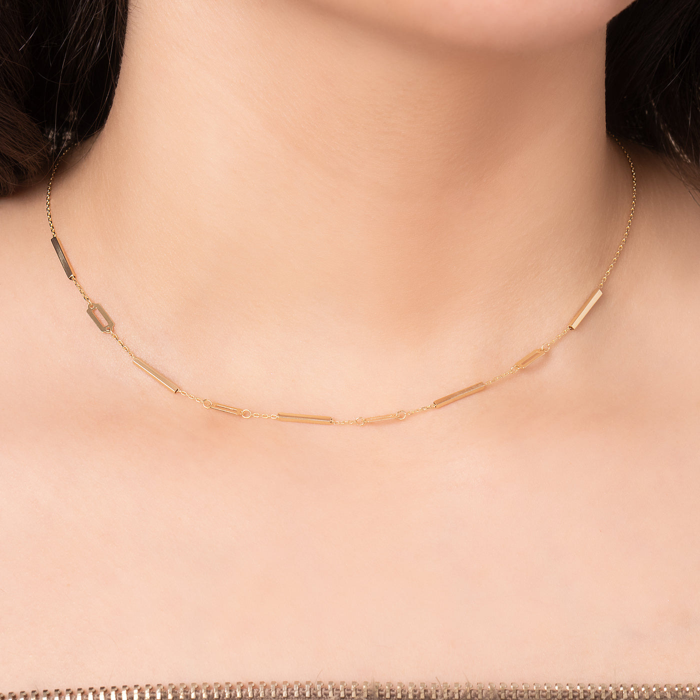 14K Solid Gold Alternating Bar And Rectangular Paper Clip Necklace