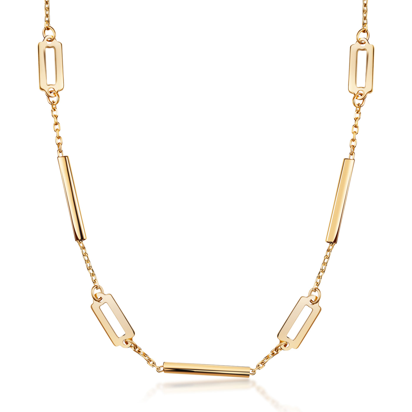 14K Solid Gold Alternating Bar And Rectangular Paper Clip Bracelet Necklace Set