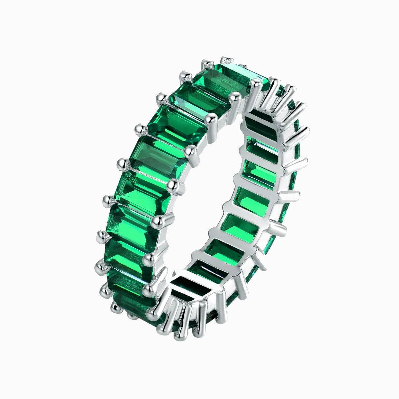 Green Emerald Cut Silver Eternity Ring