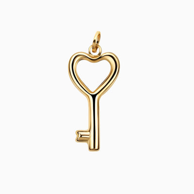 14K Solid Gold Heart & Key Charm Pendant