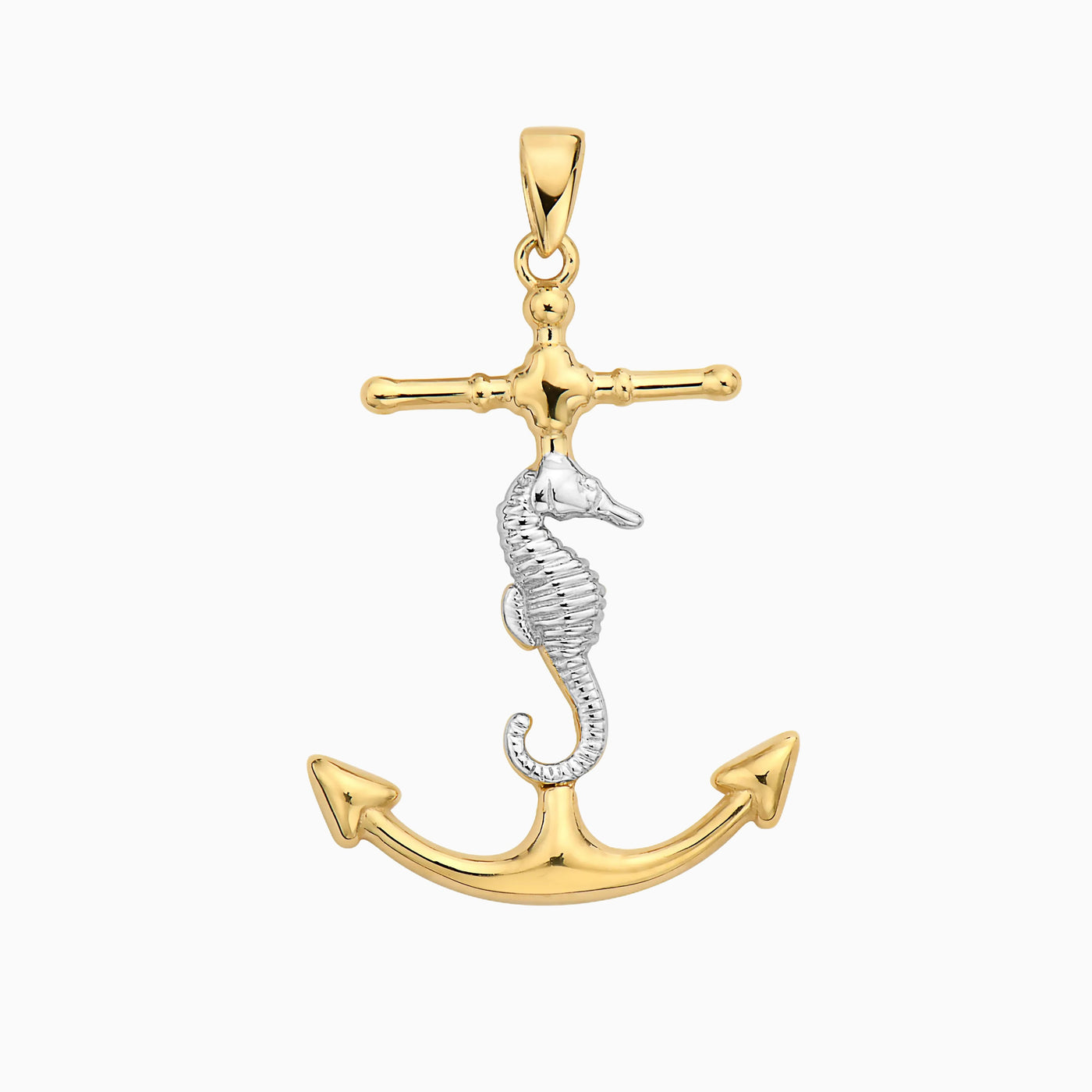 14K Two Toned Gold Seahorse on Anchor Pendant