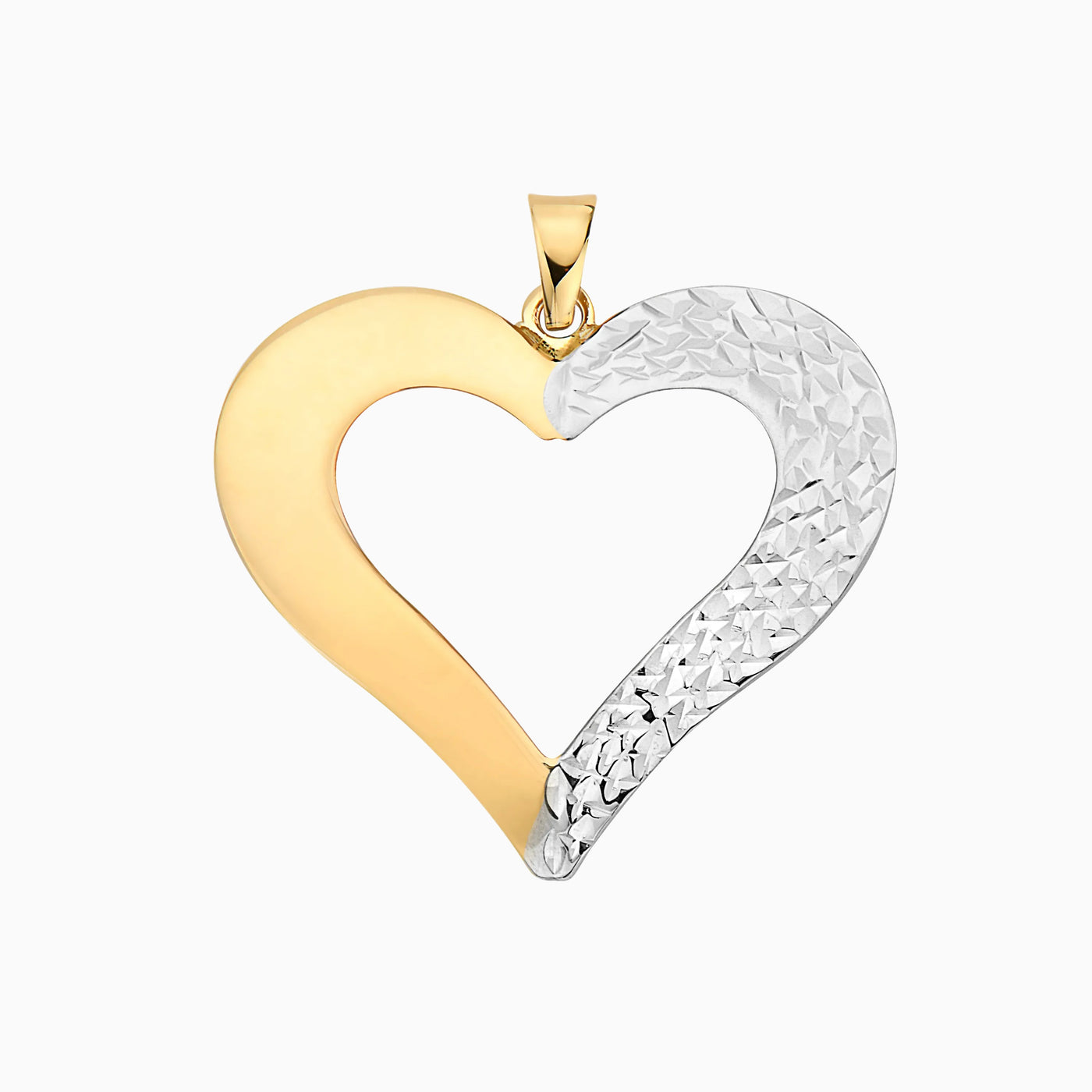 14K Two Toned Gold Half Diamond Cut Heart Pendant