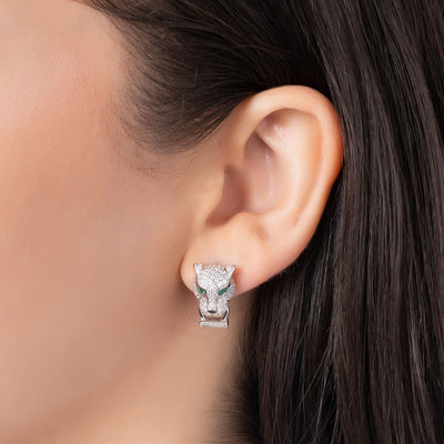 Silver Green Eyed Panther Stud Earrings with Cubic Zirconia's