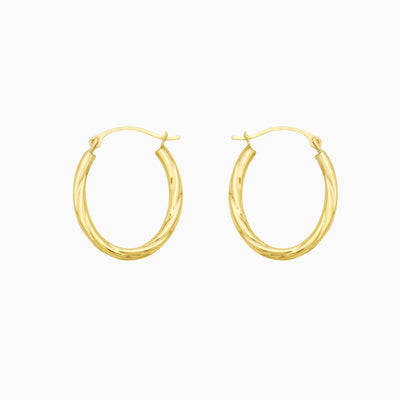 14K Gold Twisted Oval Diamond Cut Hoop Earrings