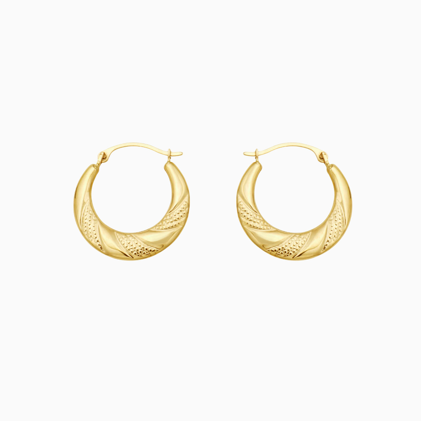 10K Gold Hammered Diamond Cut Alternating Patterened  Hoop Earrings