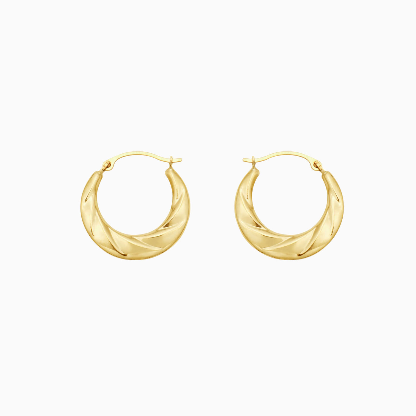 10K Gold Slash Diamond Cut Round Bib Hoop Earrings