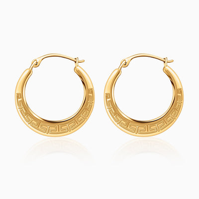 10K Gold Round Greek Key Design Hoop Earrings