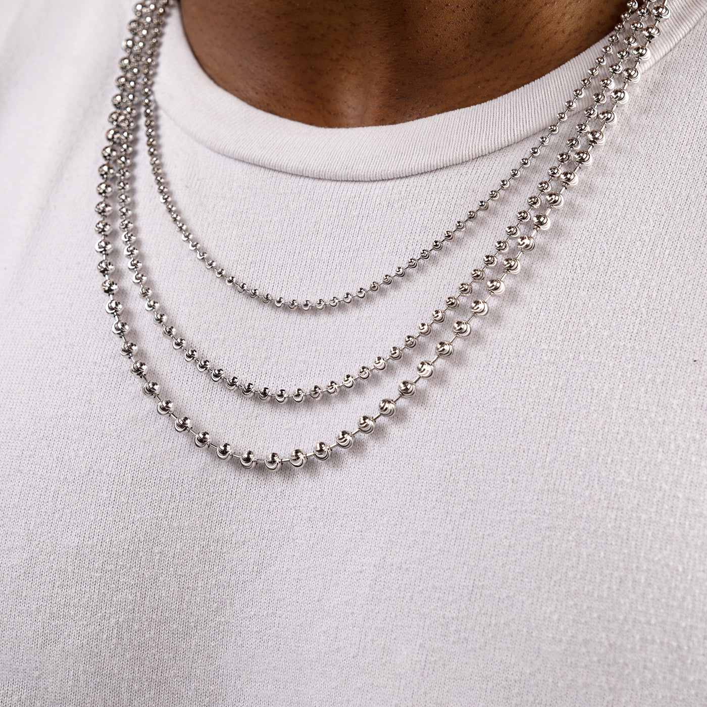 Silver 4MM Moon Cut Bead Chain Necklaces