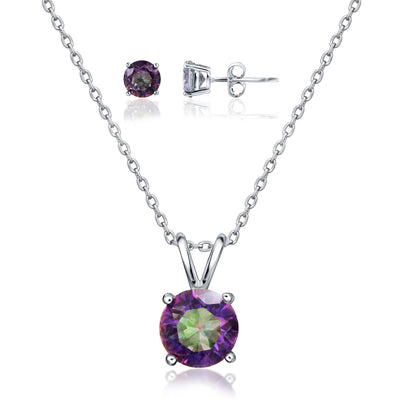 Sterling Silver Mystic Topaz 6MM Solitaire Necklace & Stud Set Round