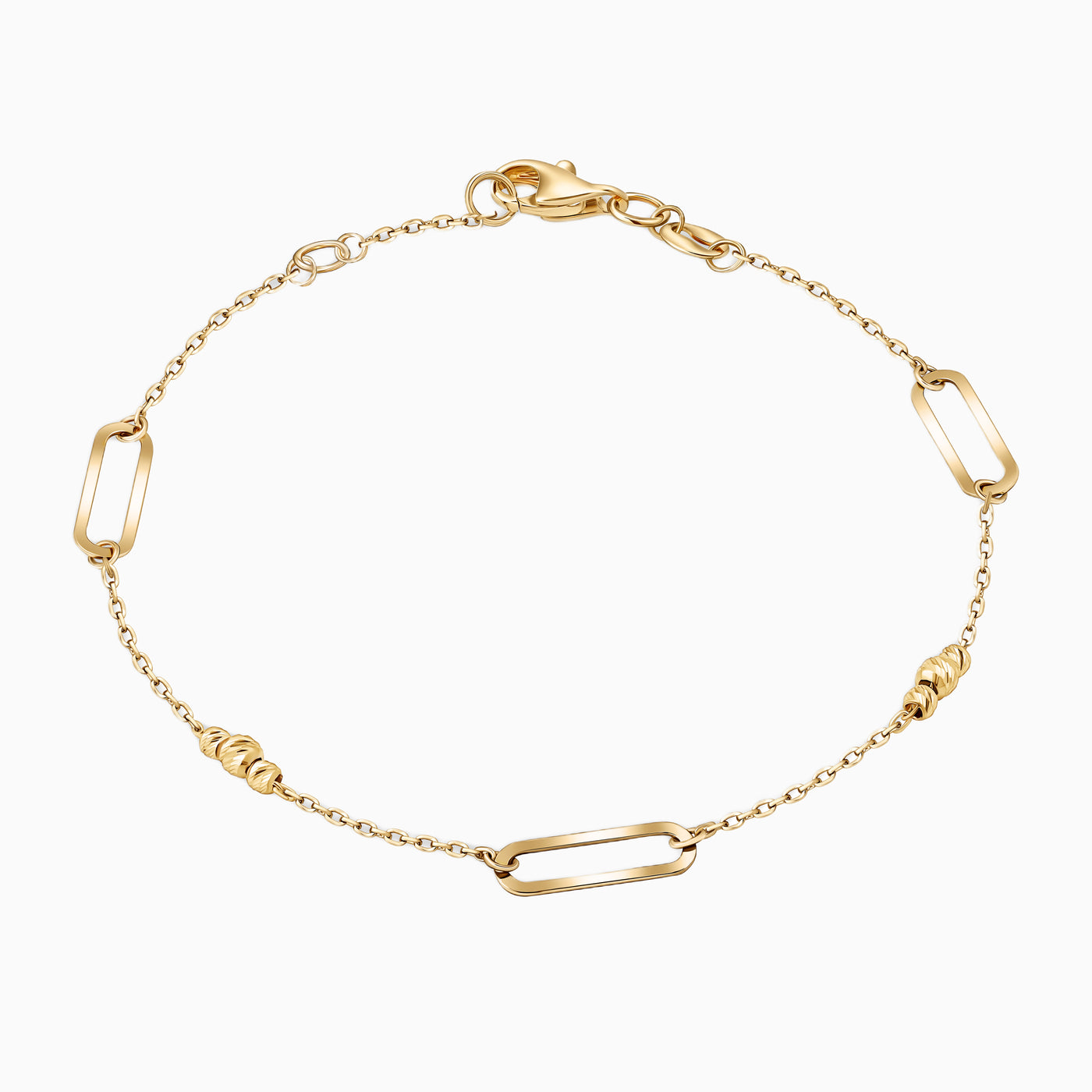 14K Solid Gold Paperclip And Diamond Cut Ball Alternating Bracelet