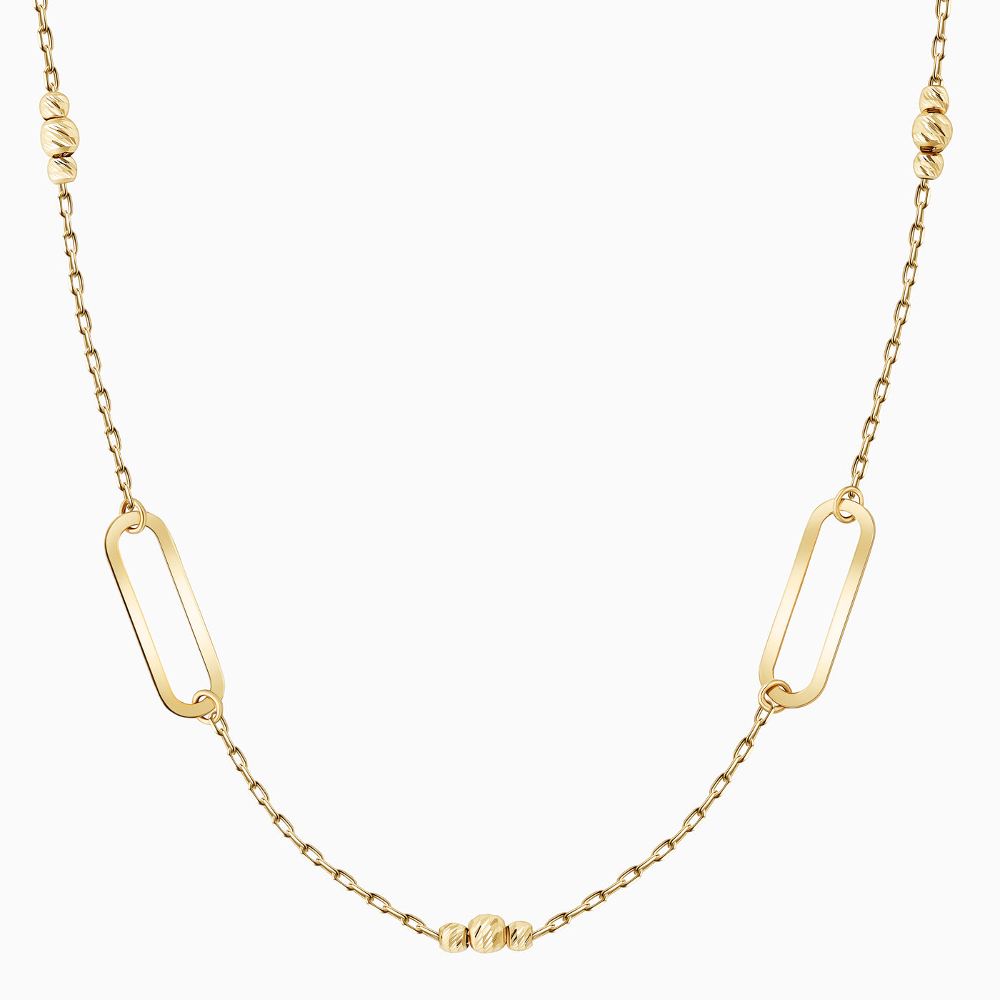 14K Solid Gold Paperclip And Diamond Cut Ball Alternating Necklace