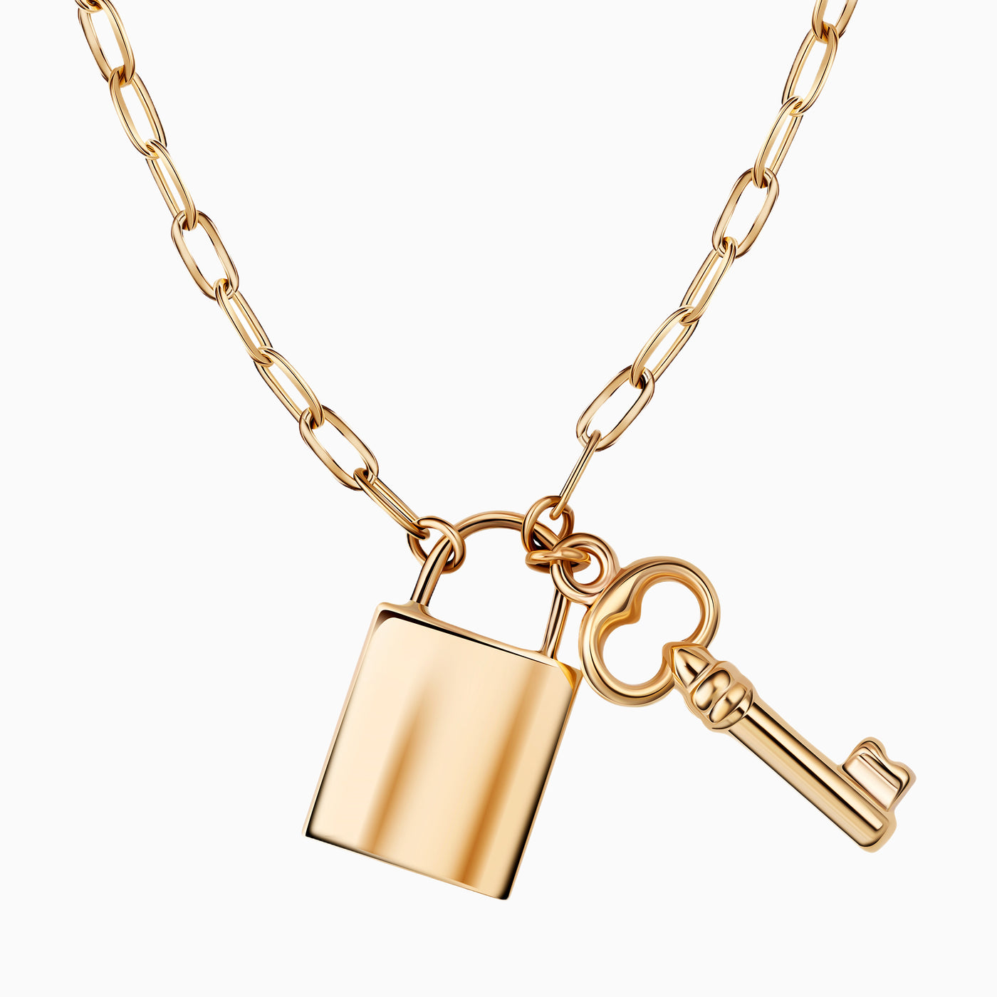 14K Solid Gold Paperclip Lock And Key Necklace