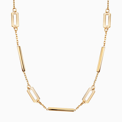 14K Solid Gold Alternating Bar And Rectangular Paper Clip Necklace