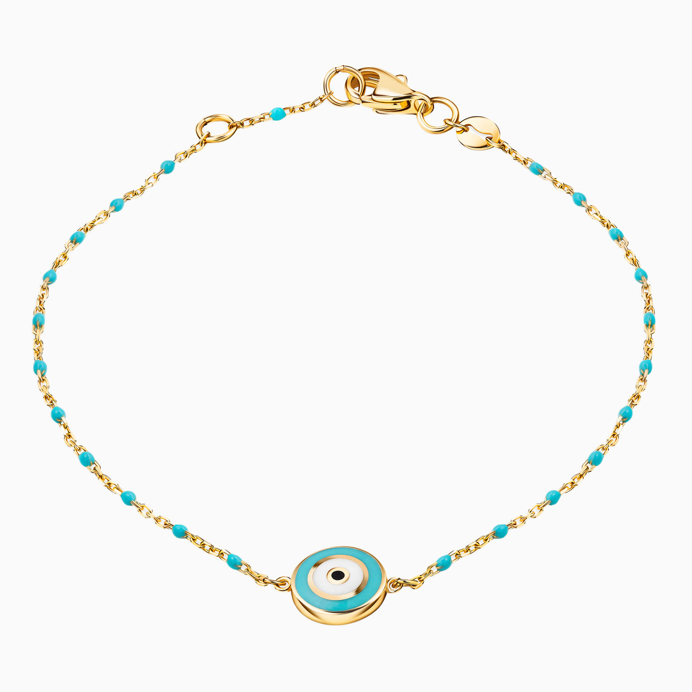 14K Solid Gold And Turquoise Chain Alternating Evil Eye Bracelet