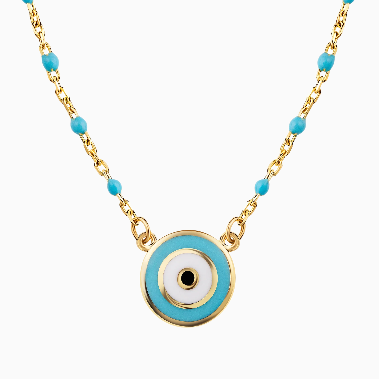 14K Solid Gold And Turquoise Chain Alternating Evil Eye Necklace