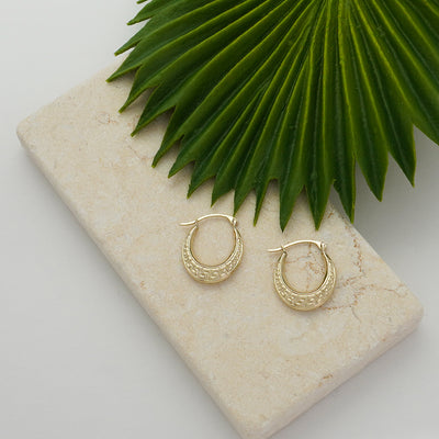 14K Greek Key Design Oval Shape  Hoop Earrings