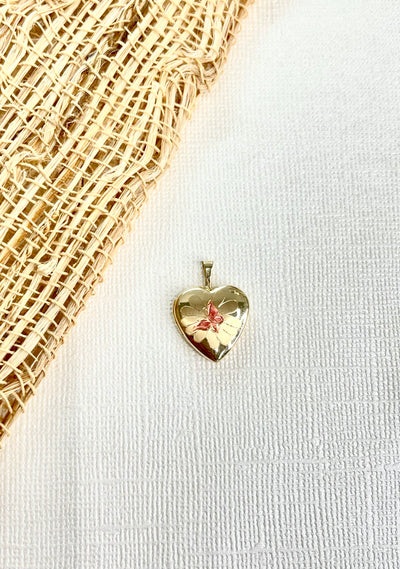 14K Gold  Pink Enamel Butterfly Heart Charm Locket
