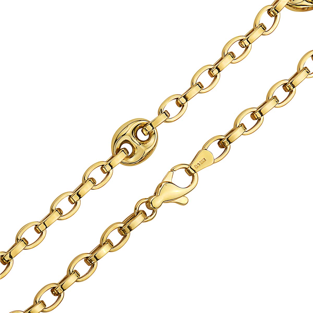 10K Gold Puff Mariner + Anchor Chain Bracelet