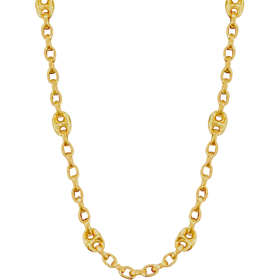10K Gold Puff Mariner + Anchor Chain Necklace